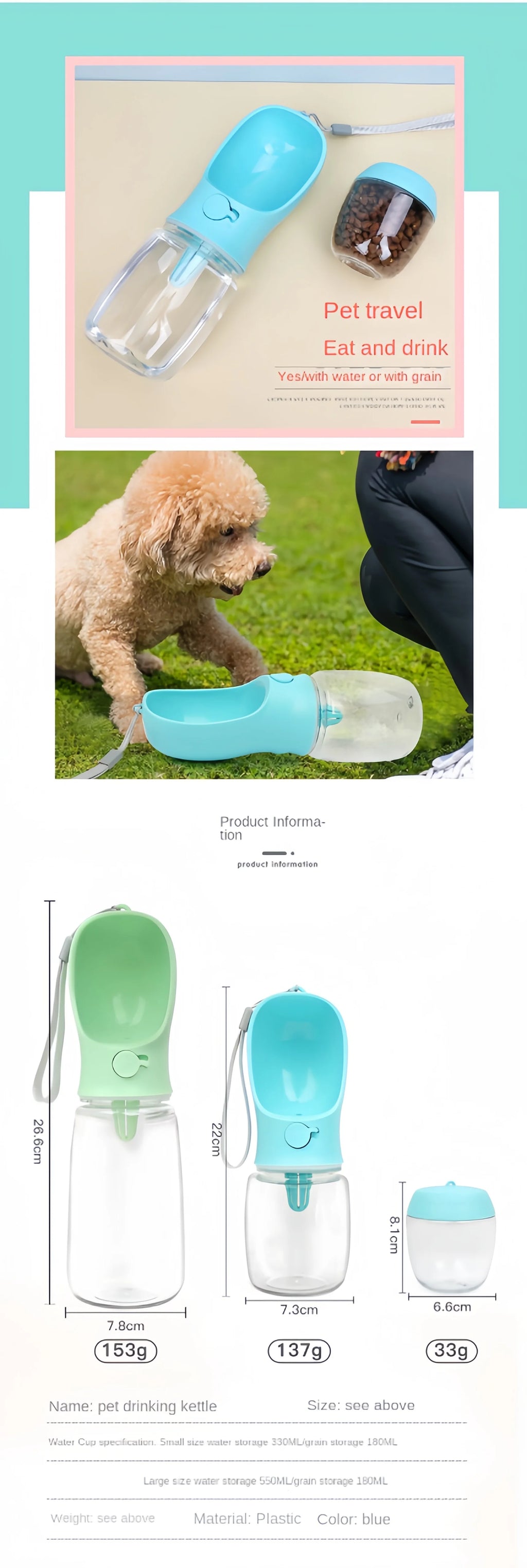 Portable 3-in-1 Pet Travel Bottle | Leak-Proof Water & Food Dispenser for Dogs & Cats