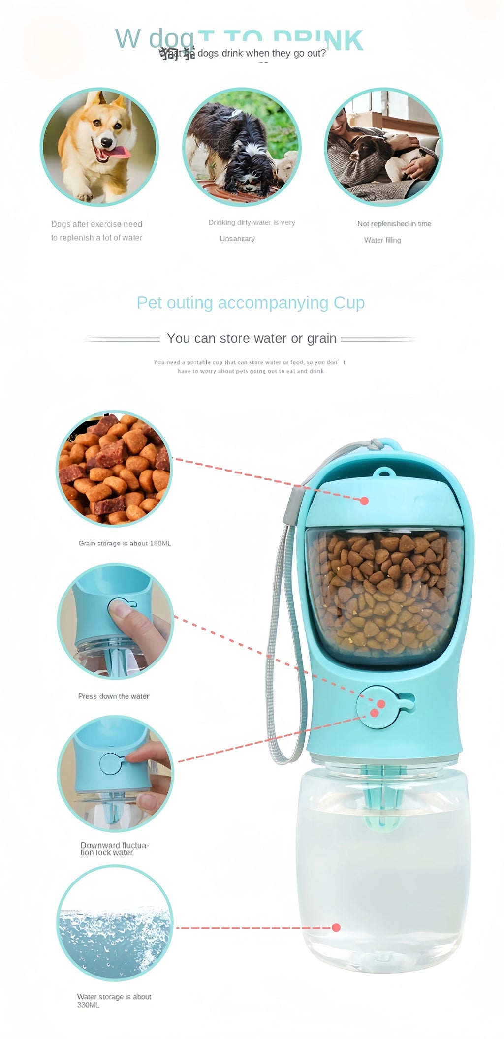 Portable 3-in-1 Pet Travel Bottle | Leak-Proof Water & Food Dispenser for Dogs & Cats
